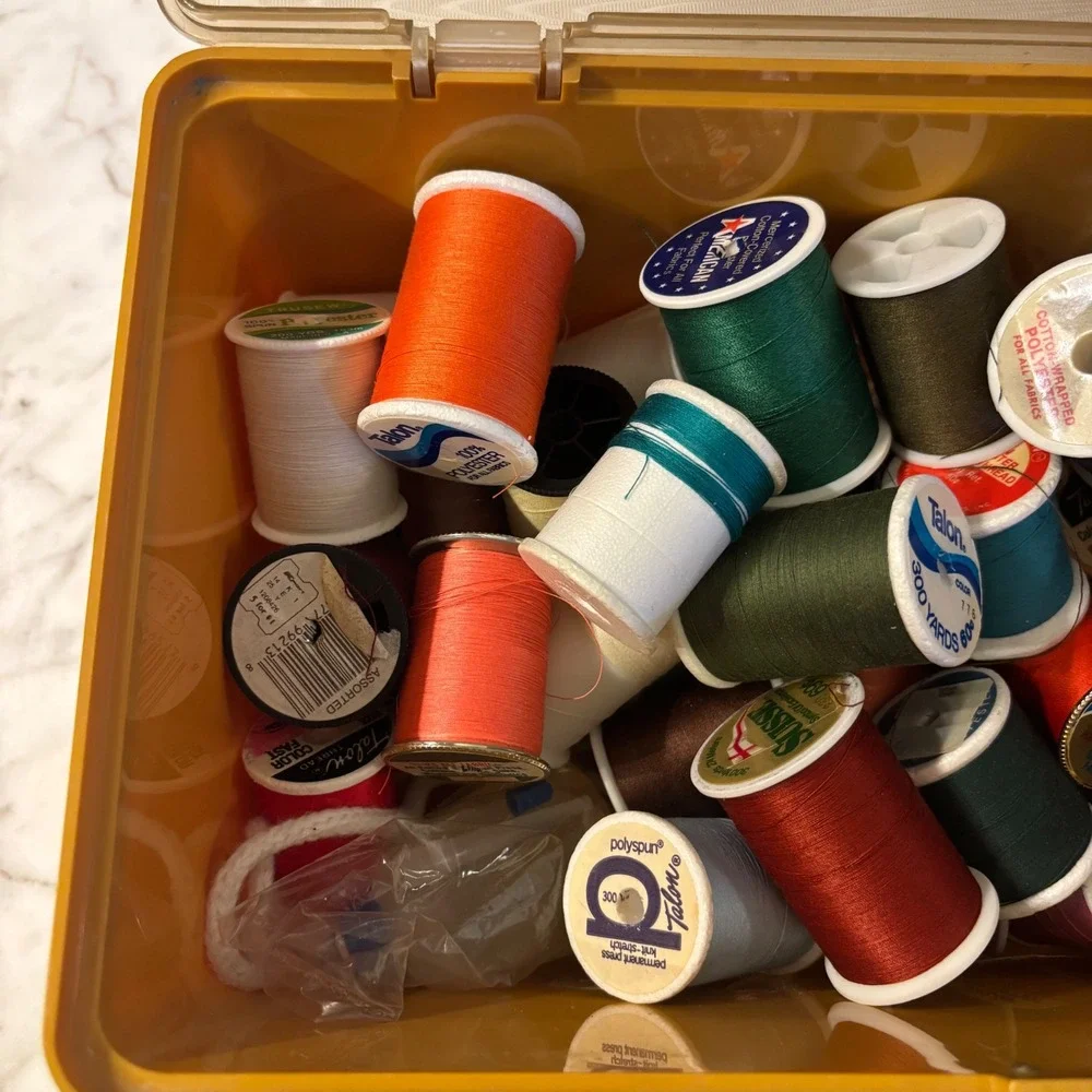 Vintage Sewing Kit Lot Yellow Case Spools Thread Bobbins Singer Tracing Wheel